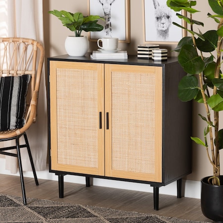 Baxton Studio Maureen MidCentury Modern Espresso Brown Wood and Rattan 2Door Storage Cabinet 217-12374-ZORO